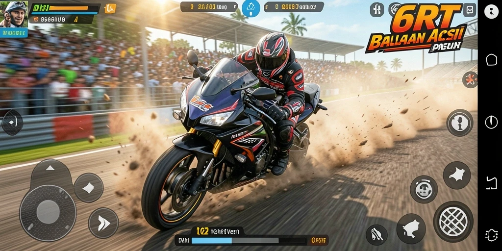 Screenshot gameplay 6RT menampilkan balapan motor yang mendebarkan.