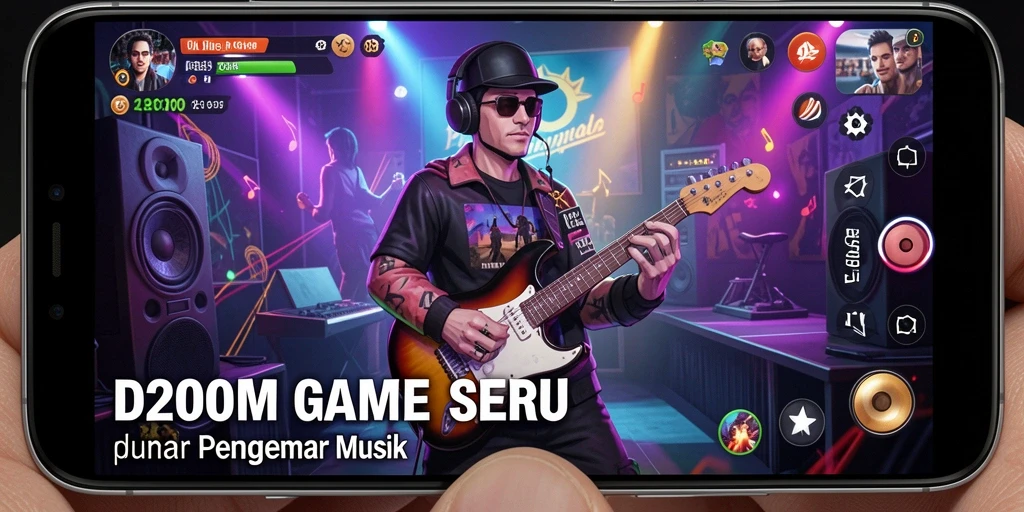 Tampilan gameplay D200M dengan antarmuka musik yang menarik.