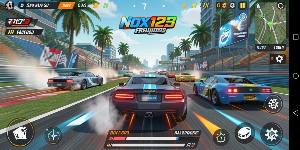 Screenshot utama NOX123 menampilkan aksi balap yang mendebarkan.