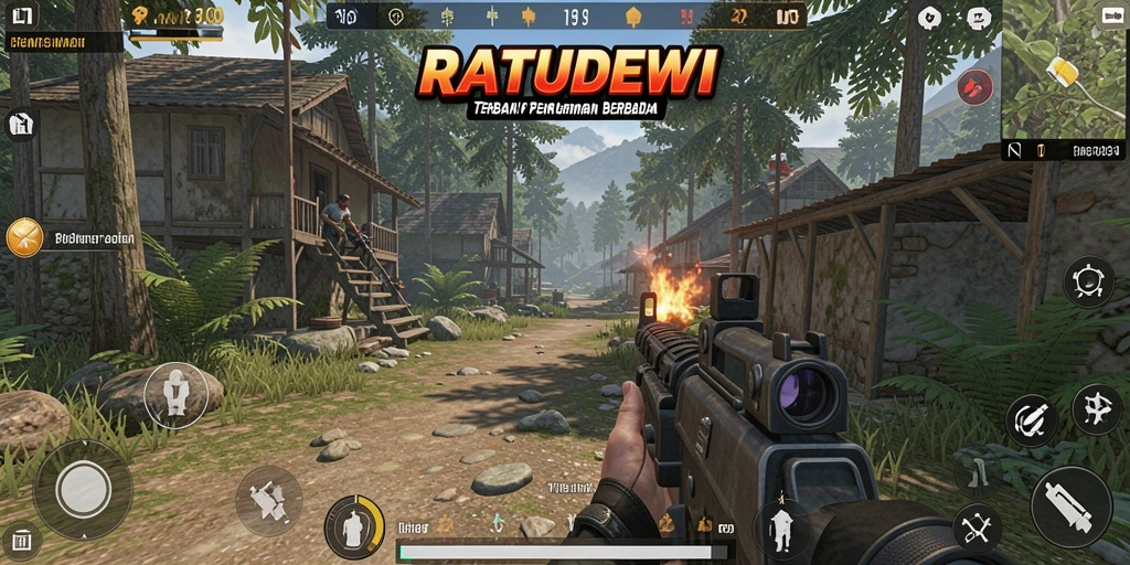 Tampilan gameplay seru di RATUDEWI yang menampilkan aksi tembak-menembak.