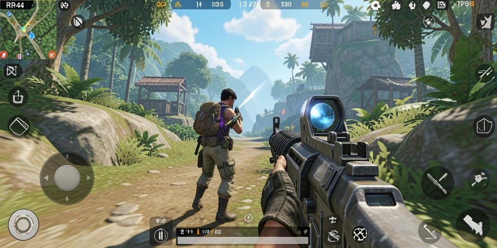Screenshot utama RR44 menunjukkan aksi menembak yang intens dan grafis yang menawan.