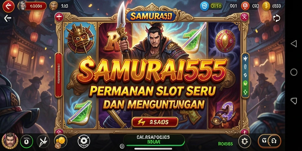 Screenshot gameplay <strong>SAMURAI555</strong> yang menampilkan simbol samurai dan gulungan memukau.