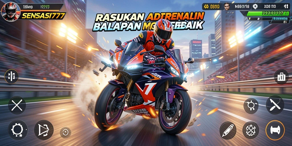 Gameplay SENSASI777 menampilkan adrenalin tinggi dari balapan motor yang seru.