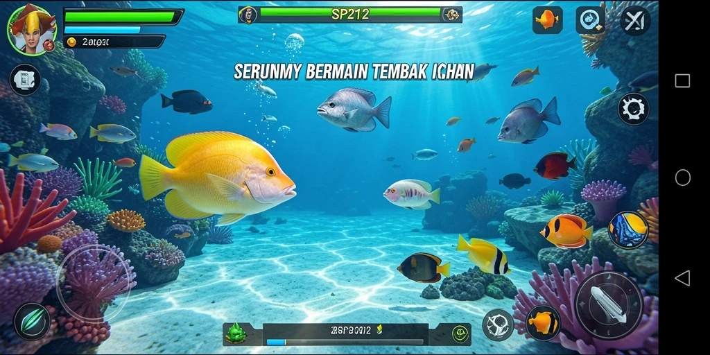 Screenshot menunjukkan gameplay seru dari SP212 saat menembak ikan.
