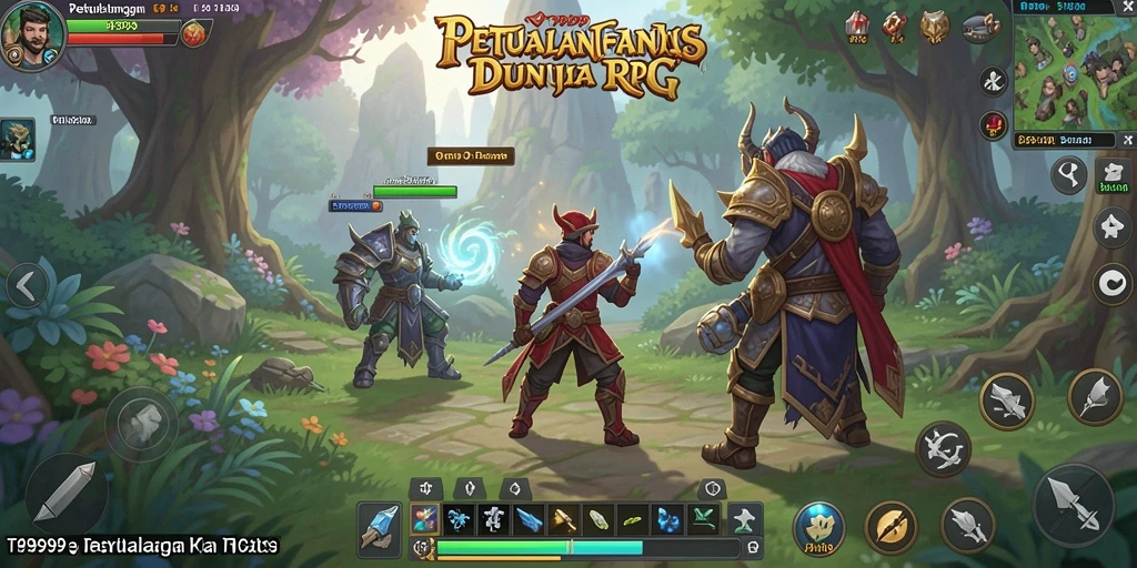 Tangkapan layar utama T9999 menampilkan karakter dalam pertempuran epik di dunia RPG.